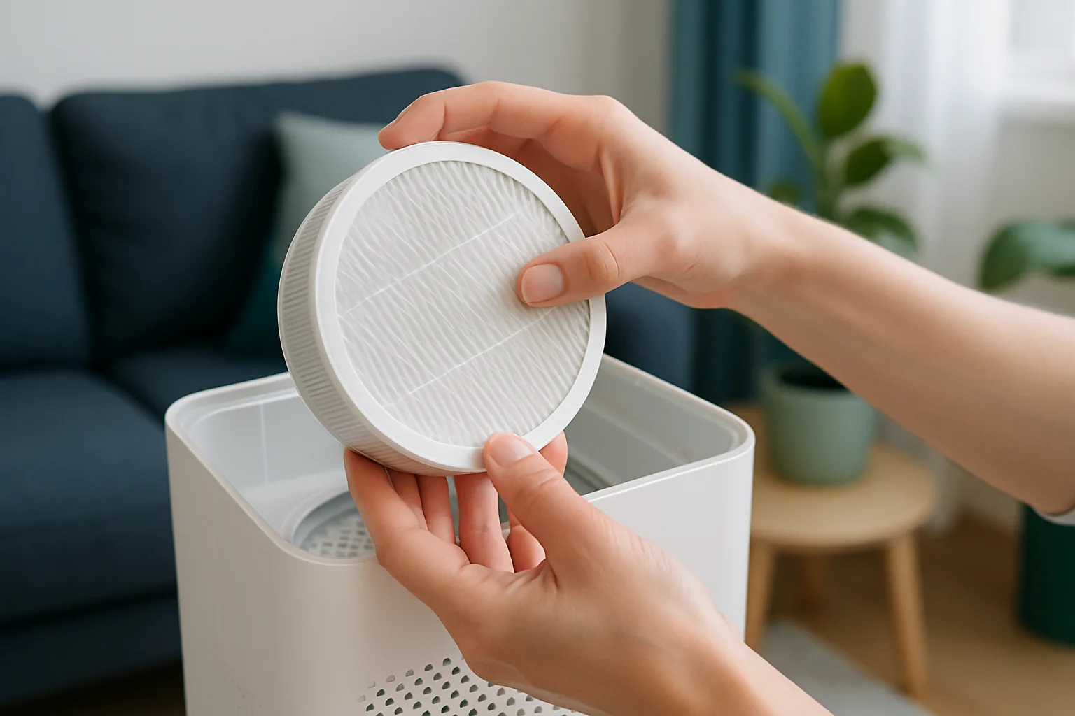 HEPA-Filter wird aus einem Luftreiniger genommen