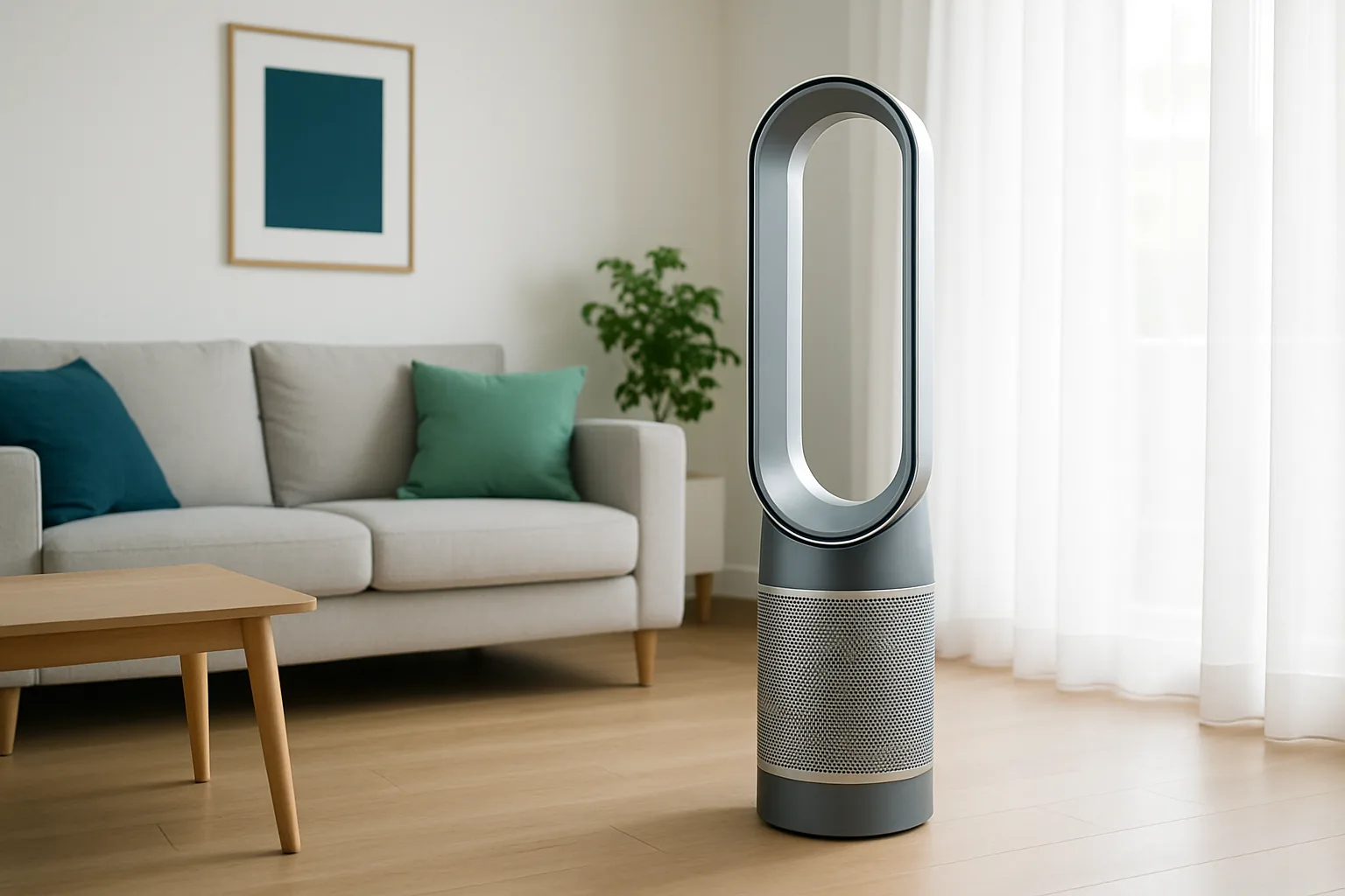 Turmförmiger Luftreiniger mit Ventilatorfunktion im Wohnzimmer