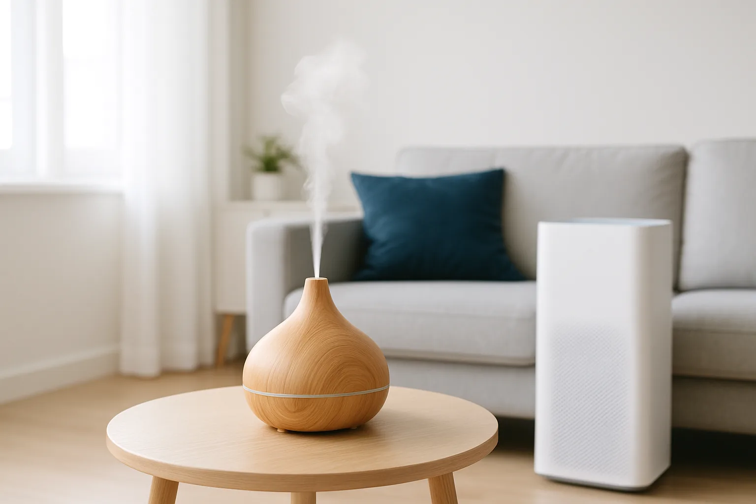 Aroma-Diffuser neben einem Luftreiniger im Wohnzimmer