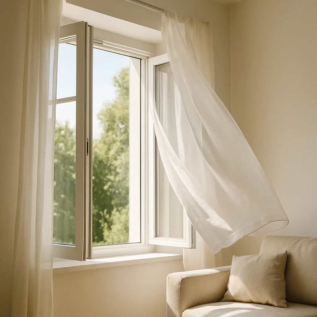 Weit geöffnetes Fenster in einem hellen Wohnzimmer, die Gardine bewegt sich im Luftzug