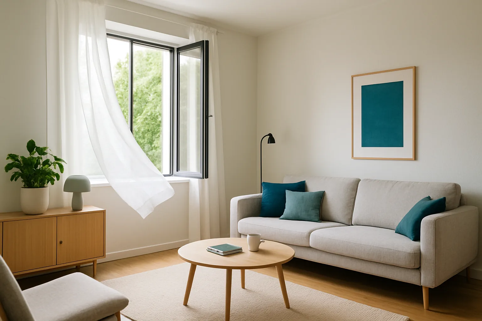 Wohnzimmer mit weit geöffnetem Fenster zum Lüften gegen Rauchgeruch