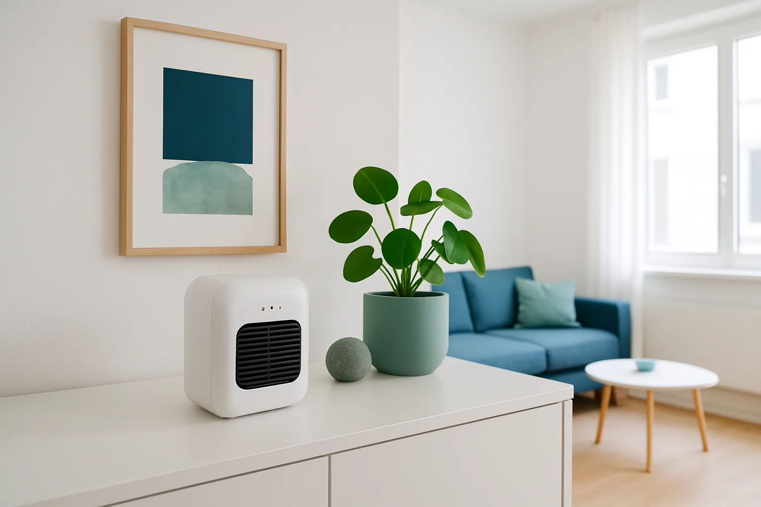Kompakter Luft-Ionisator auf einem Sideboard im Wohnraum